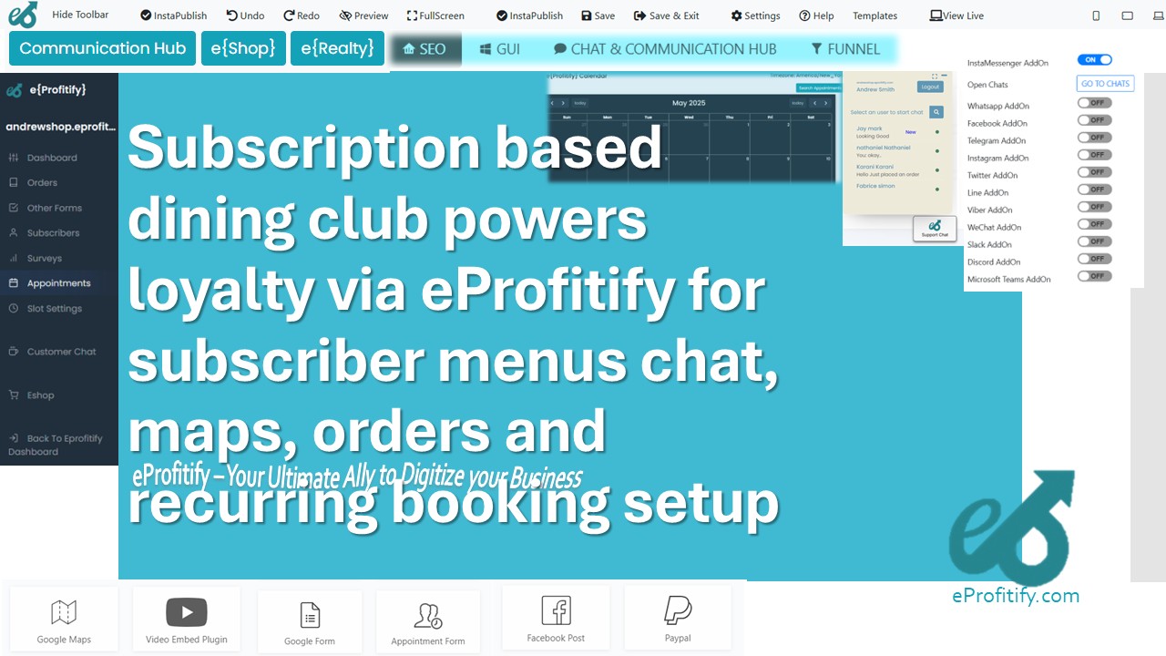 Subscription based dining club powers loyalty via eProfitify for subscriber menus chat, maps, orders and recurring booking setup